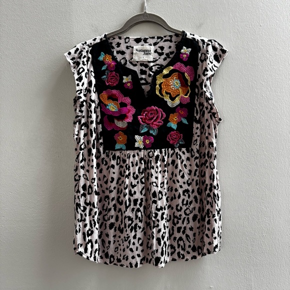 Savanna Jane Tops - Savanna Jane Boho Leopard Floral Embroidered Flowy Blouse Large